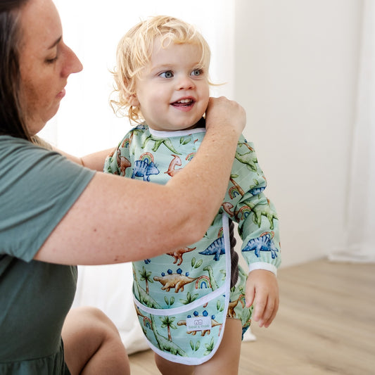Bear & Moo Sleeved Bib | Waterproof Reusable Bib | Jurassic Print