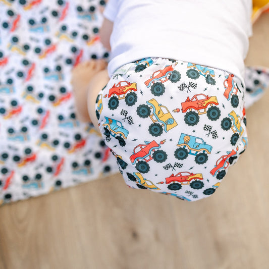 Bear & Moo Reusable Cloth Nappies | Demolition Derby Cloth Nappy | One Size Fits Most Reusable Nappy