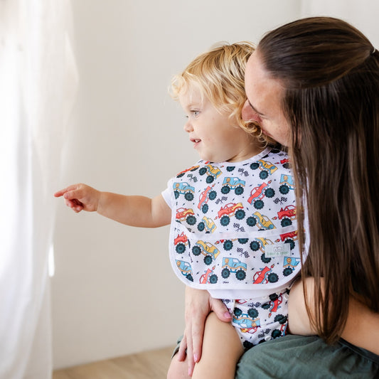 Bear & Moo Classic Bib | Waterproof Reusable Bib | Demolition Derby print