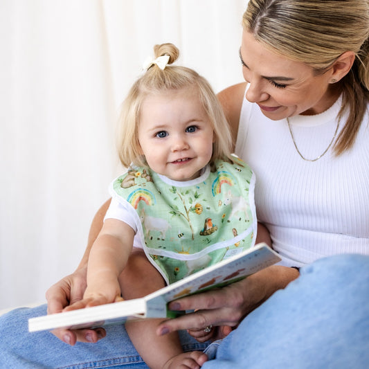 Bear & Moo Classic Bib | Waterproof Reusable Bib | Signs of Spring print