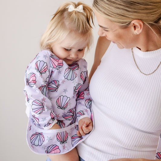 Bear & Moo Sleeved Bib | Waterproof Reusable Bib | Mermaid Shells print