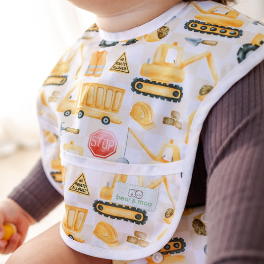 Bear & Moo Classic Bib | Waterproof Reusable Bib | Stop for Construction print