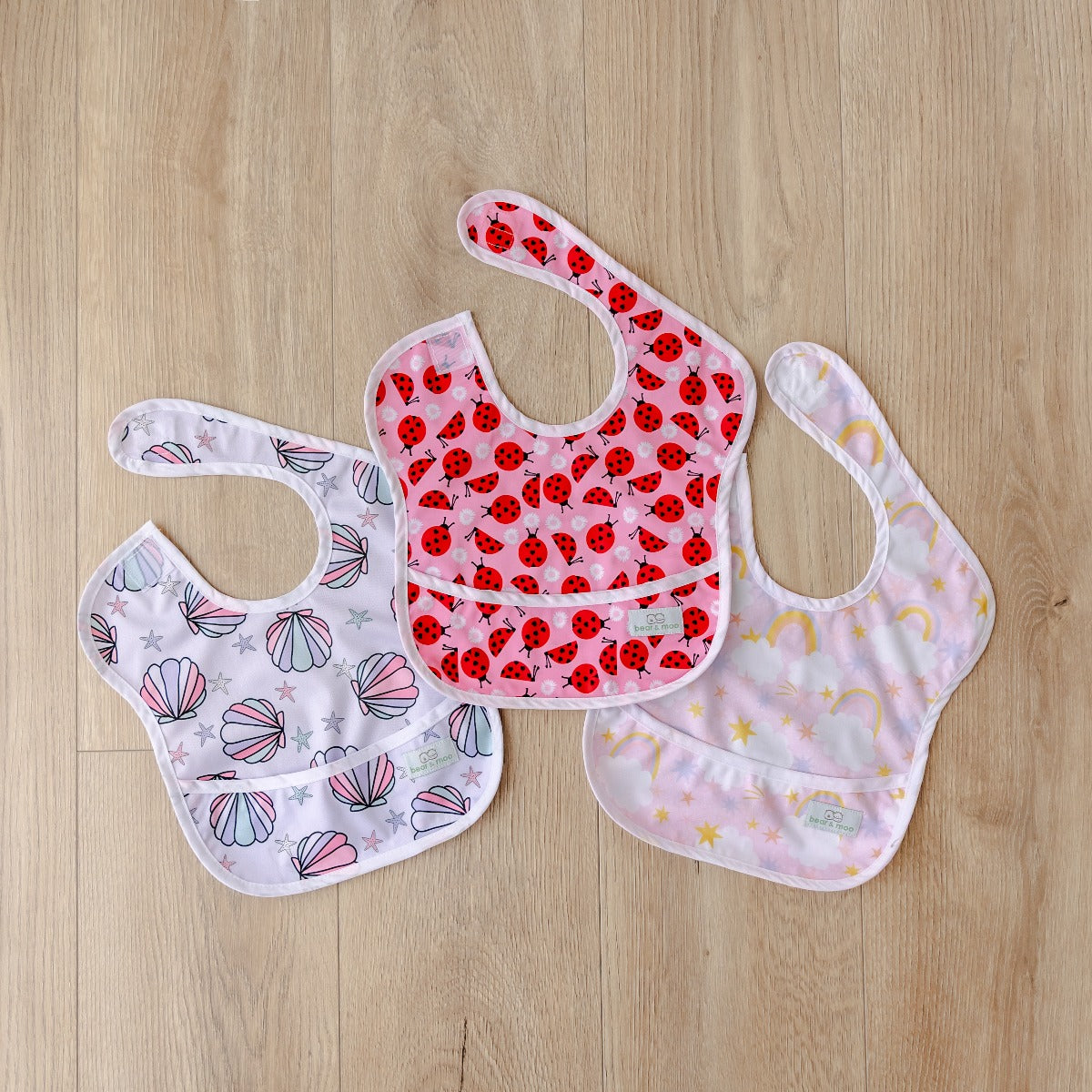 Bear & Moo Classic Bib | Waterproof Reusable Bib |  Mermaid Shells print