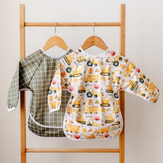 Bear & Moo Sleeved Bib | Waterproof Reusable Bib | Stop for Construction print