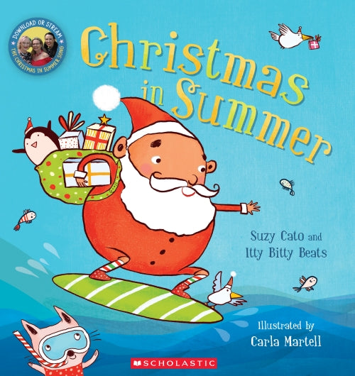 Book cover of 'Christmas in Summer' with a cartoon Santa Claus surfing, featuring Scholastic logo.