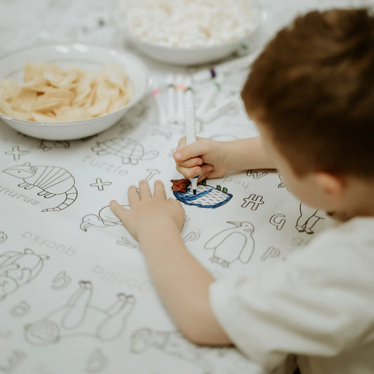 Colour Me Kids Colouring in Tablecloth available at Bear & Moo | Alphabet Animals print