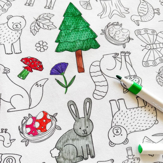 Colour Me Kids Colouring in Tablecloth available at Bear & Moo | Woodland Wonders print