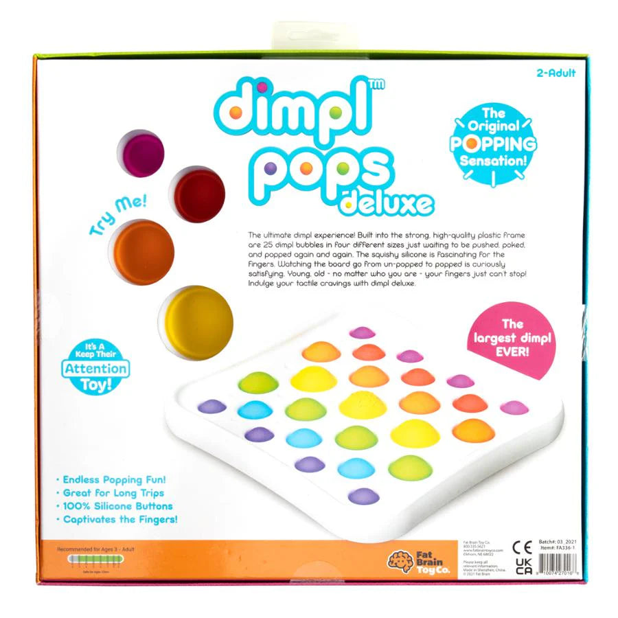Box of dimpl pops deluxe with colorful buttons and text on a white background