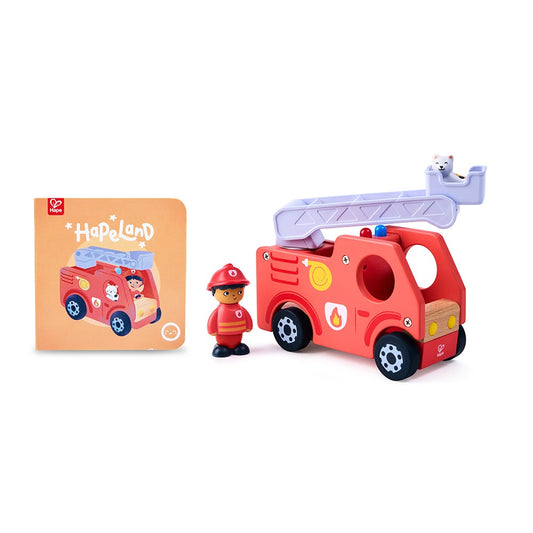 Hape Land | The Roaring Fire Truck Board Book & Wooden Fire Truck available at Bear & Moo