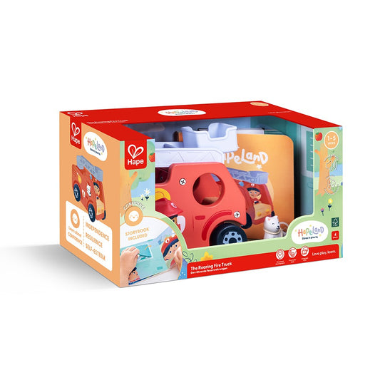 Hape Land | The Roaring Fire Truck Board Book & Wooden Fire Truck available at Bear & Moo