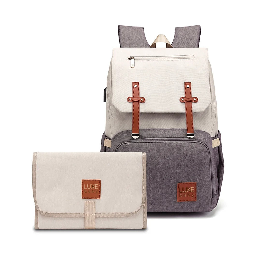 LUXE Baby Nappy Backpack & Change Mat Set | Beige/Brown available at Bear & Moo