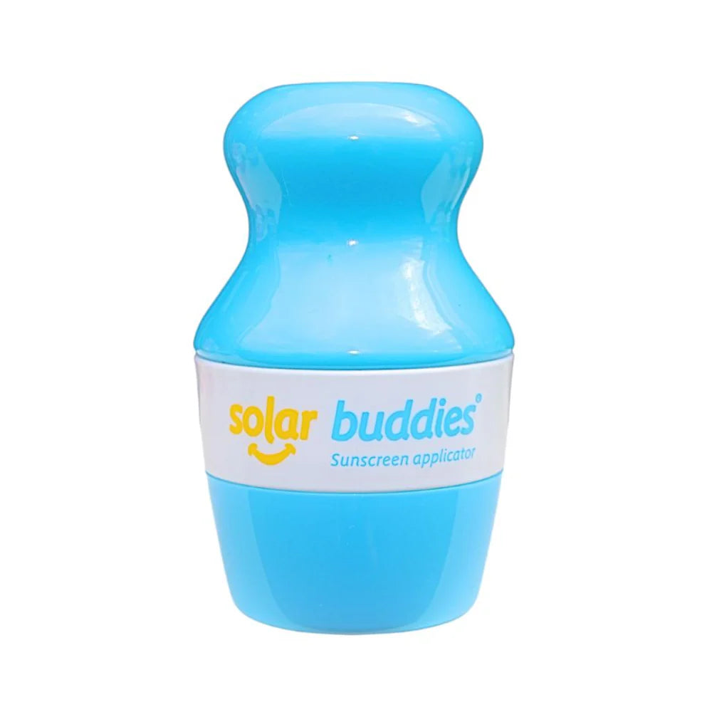 Blue sunscreen applicator with 'Solar Buddies' branding on a white background
