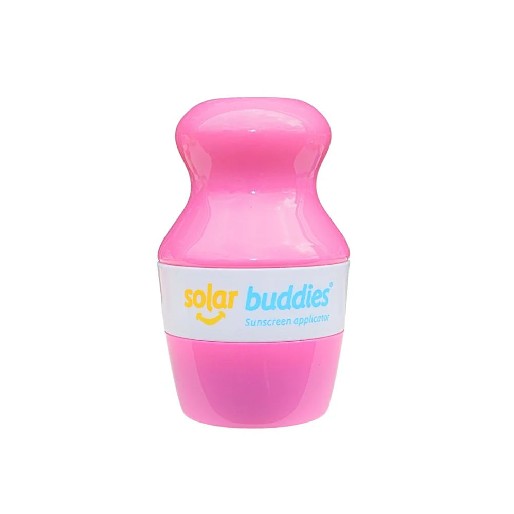 Pink sunscreen applicator with 'Solar Buddies' branding on a white background