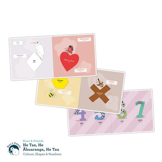He Tae, He Āhuaranga, He Tau - Colours, Shapes & Numbers | Board Book available at Bear & Moo