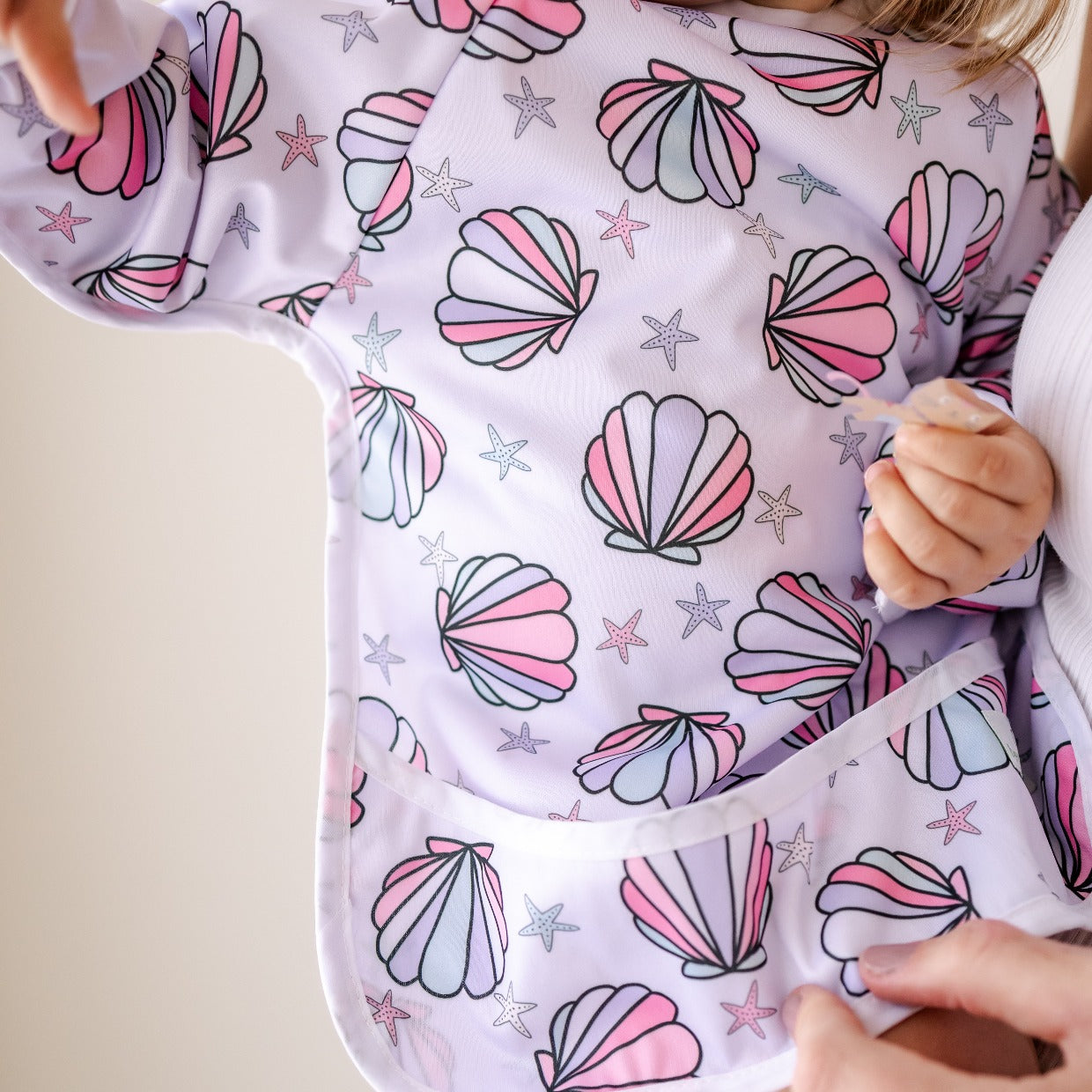 Bear & Moo Sleeved Bib | Waterproof Reusable Bib | Mermaid Shells print