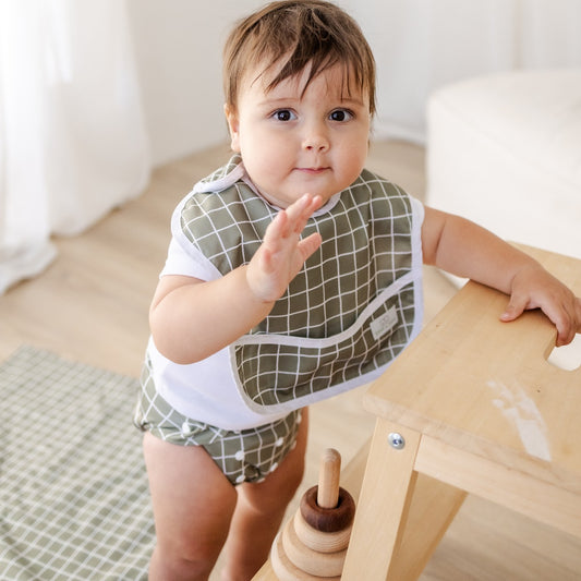 Bear & Moo Classic Bib | Waterproof Reusable Bib | Khaki Gingham