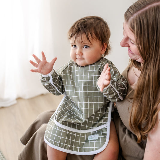 Bear & Moo Sleeved Bib | Waterproof Reusable Bib | Khaki Gingham print