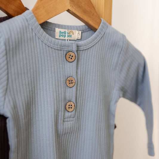 Hello Poppet Henley Ribbed Top in Duck Egg available at Bear & Moo