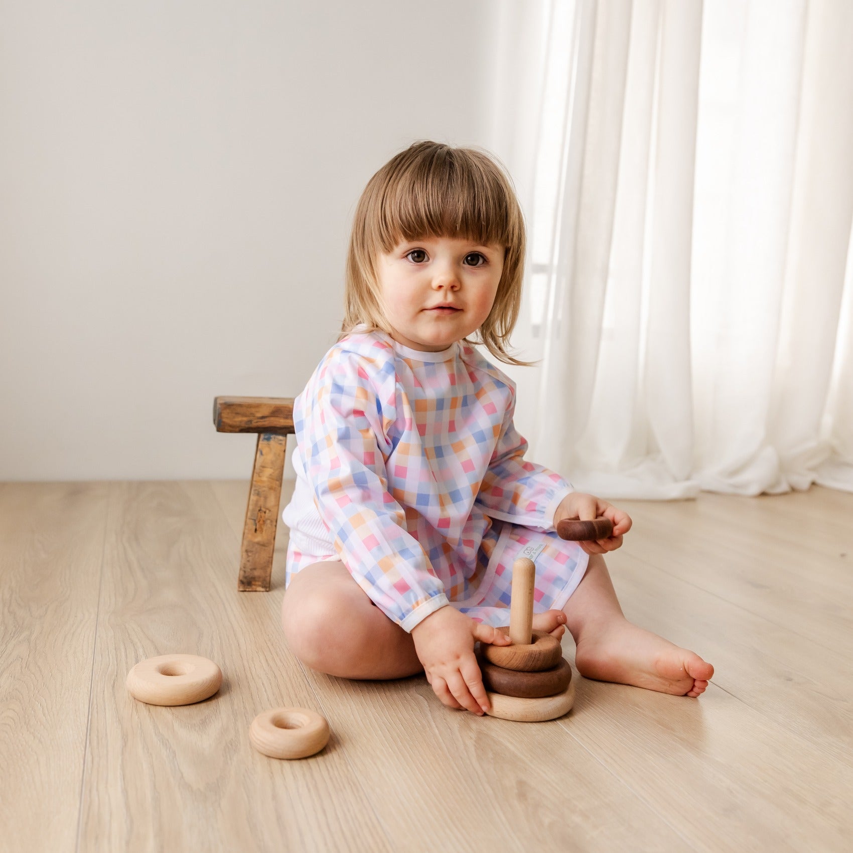 Bear & Moo Sleeved Bib | Pastel Plaid