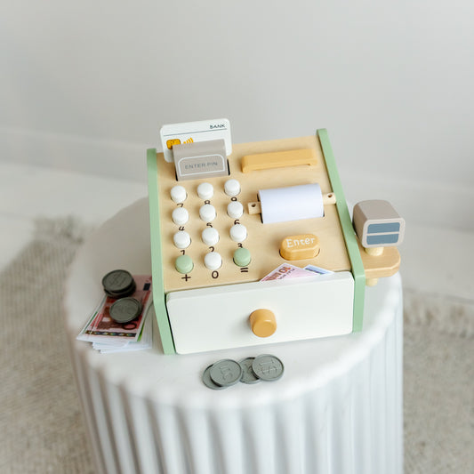 Wooden Play Cash Register with Pretend Money