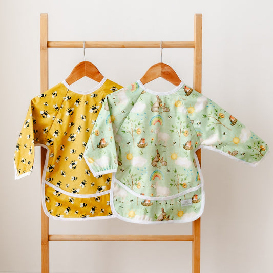Bear & Moo Sleeved Bib | Waterproof Reusable Bib | Busy bees