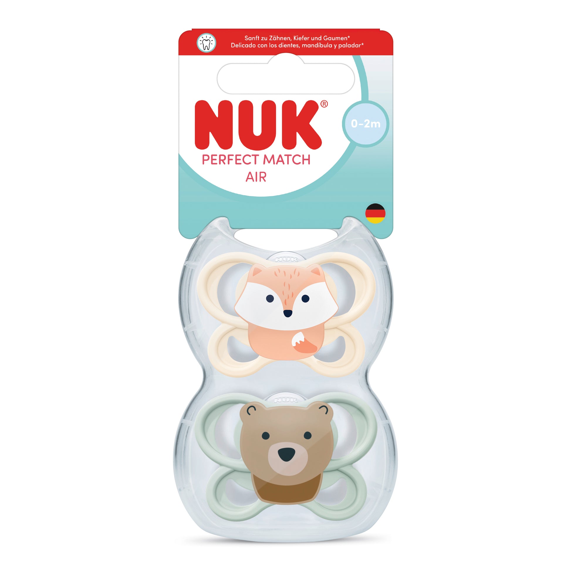 NUK baby teether with animal designs in packaging on a white background