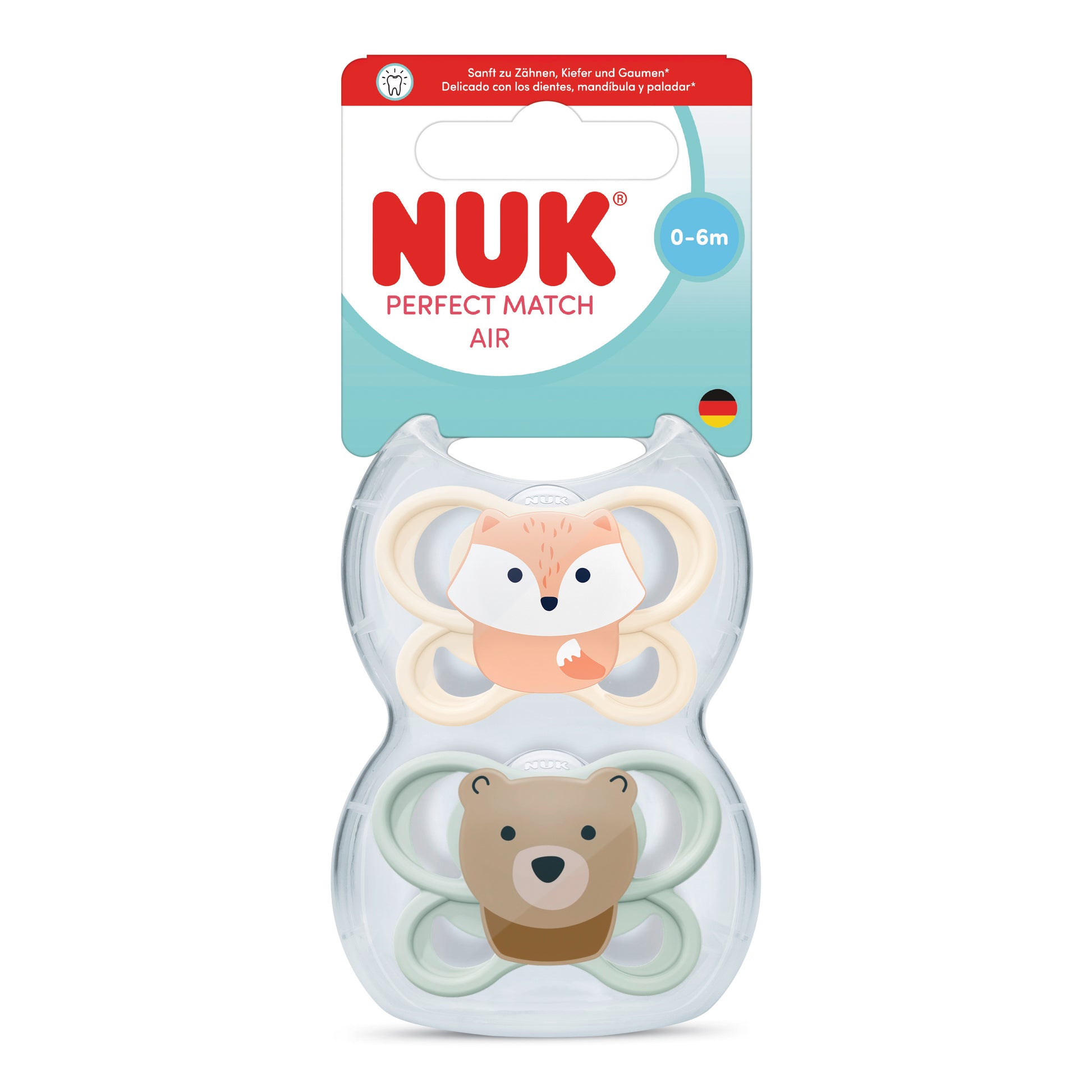NUK baby pacifier packaging with fox and bear designs on a white background