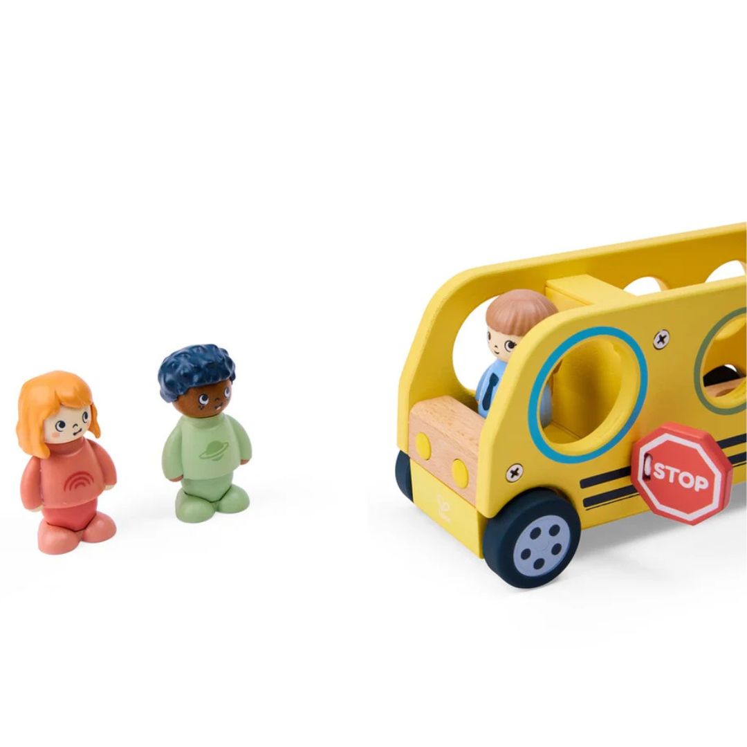 Hape Land | Lively School Bus board book and wooden bus toy available at Bear & Moo
