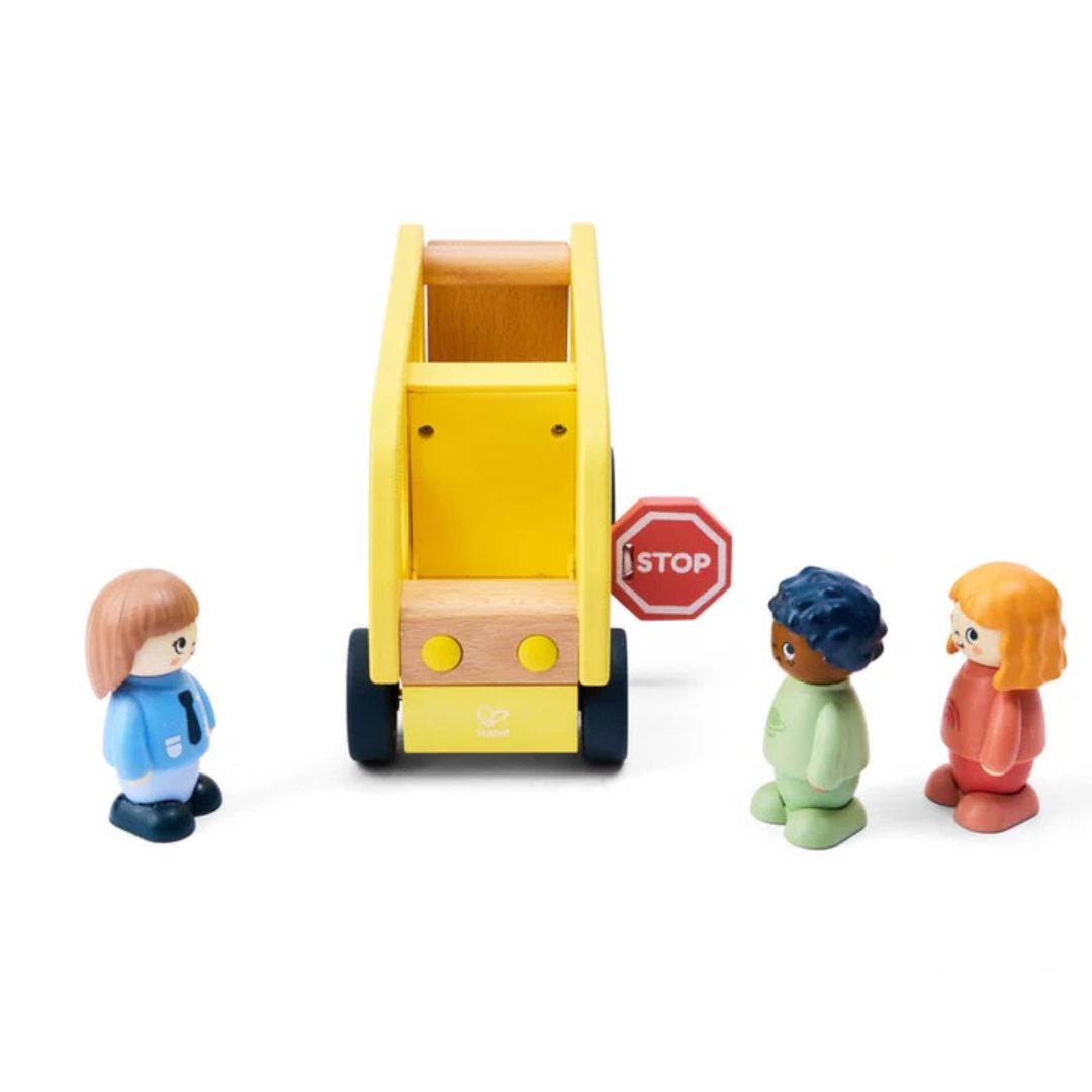 Hape Land | Lively School Bus board book and wooden bus toy available at Bear & Moo
