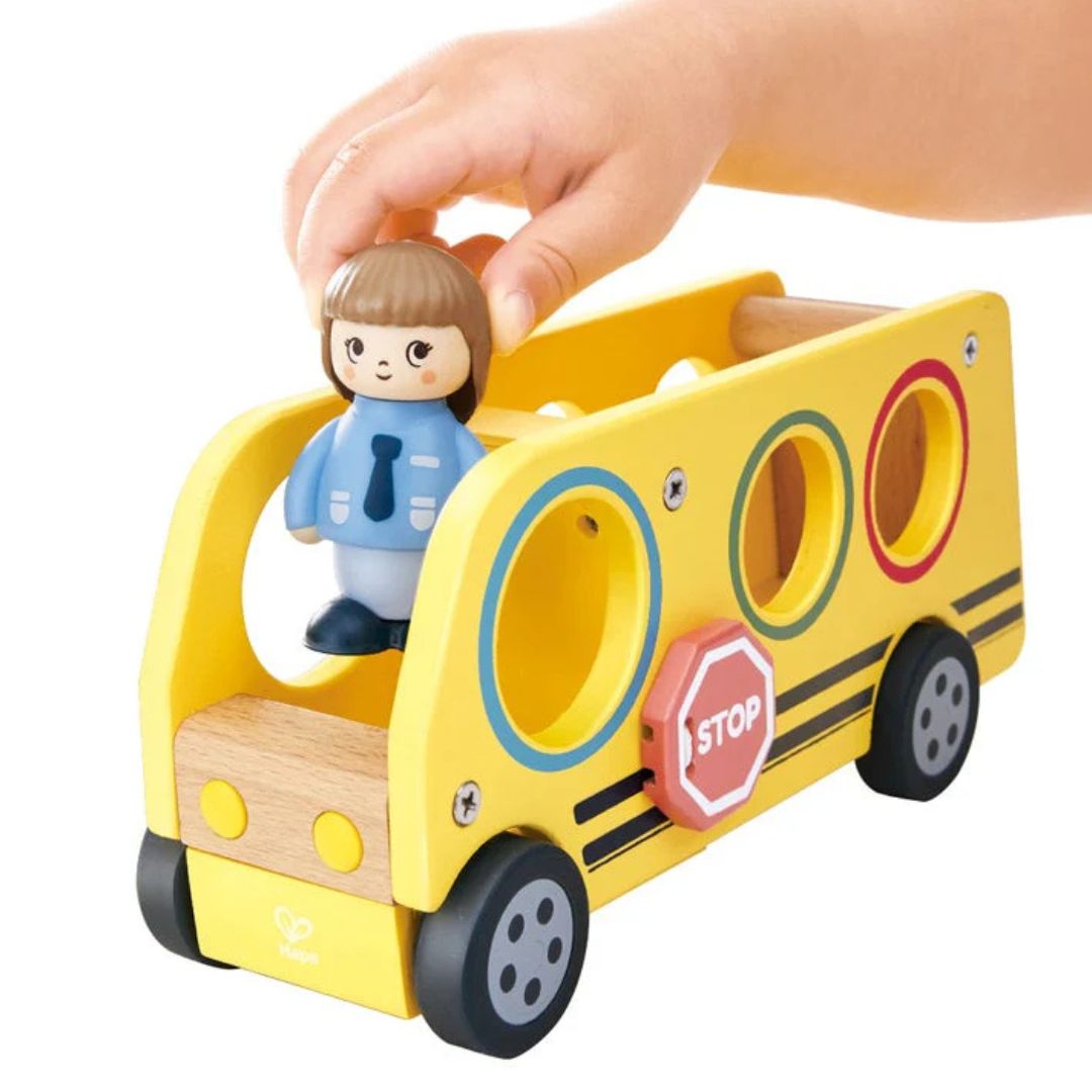Hape Land | Lively School Bus board book and wooden bus toy available at Bear & Moo