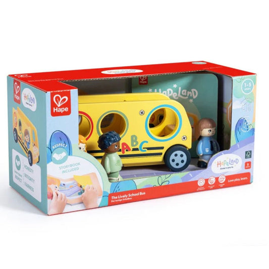Hape Land | Lively School Bus board book and wooden bus toy available at Bear & Moo