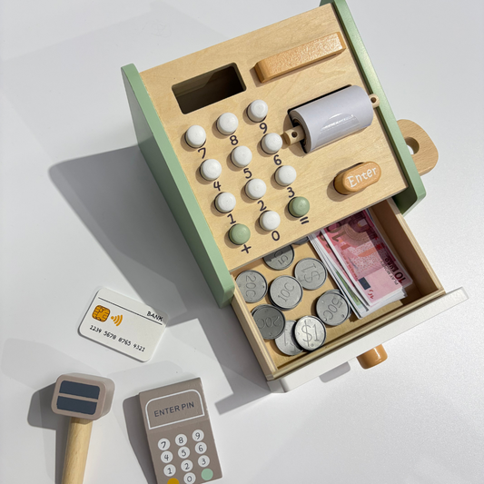 Wooden Play Cash Register with Pretend Money