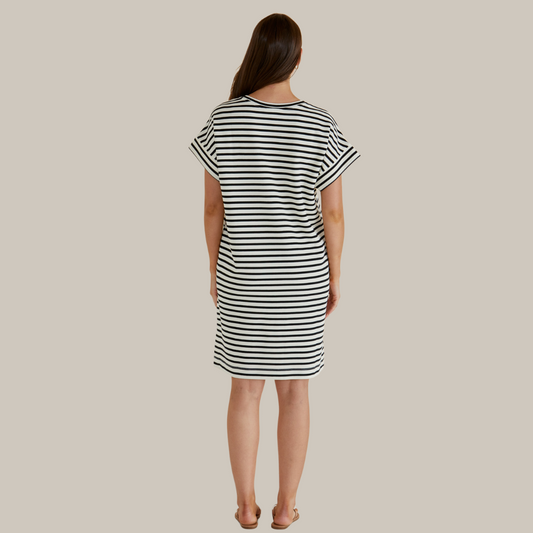 Betty Basics Elise V-Neck Rib Dress | White/Black Stripe available at Bear & Moo