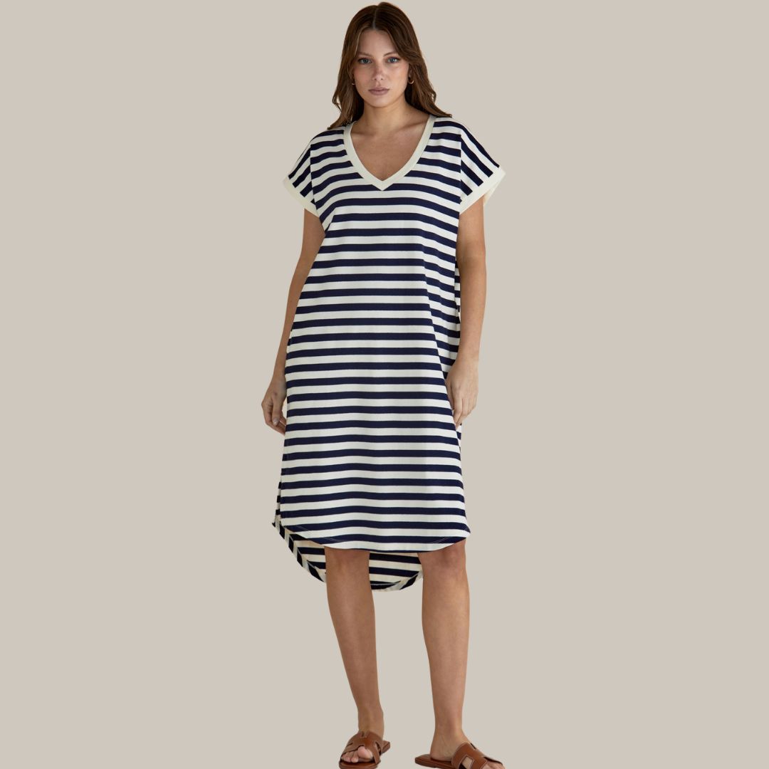 Betty Basics Jolene T-Shirt Dress | Navy/Cream Stripe available at Bear & Moo