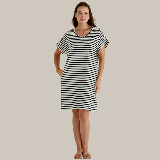 Betty Basics Elise V-Neck Rib Dress | White/Black Stripe available at Bear & Moo