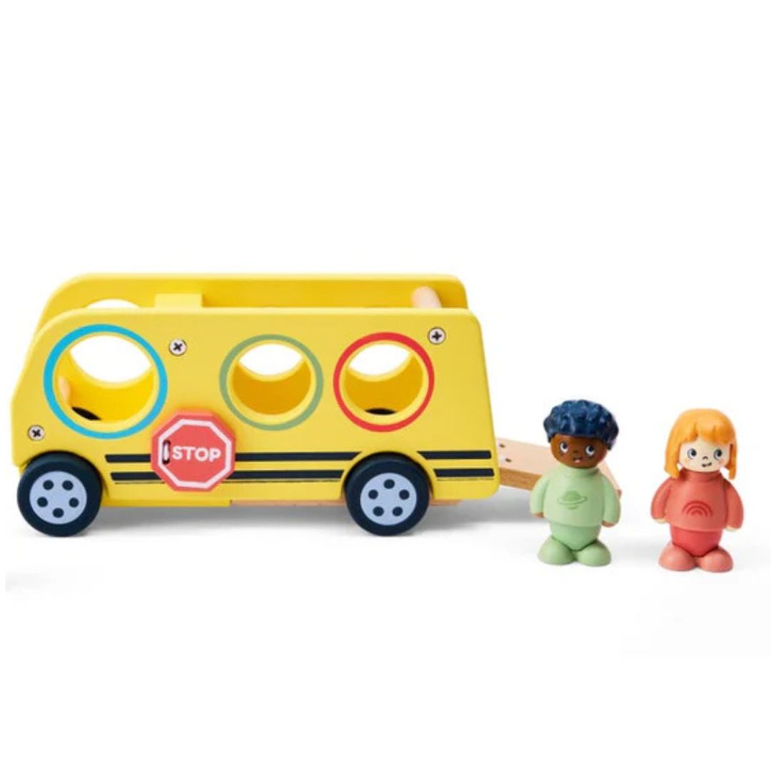 Hape Land | Lively School Bus board book and wooden bus toy available at Bear & Moo