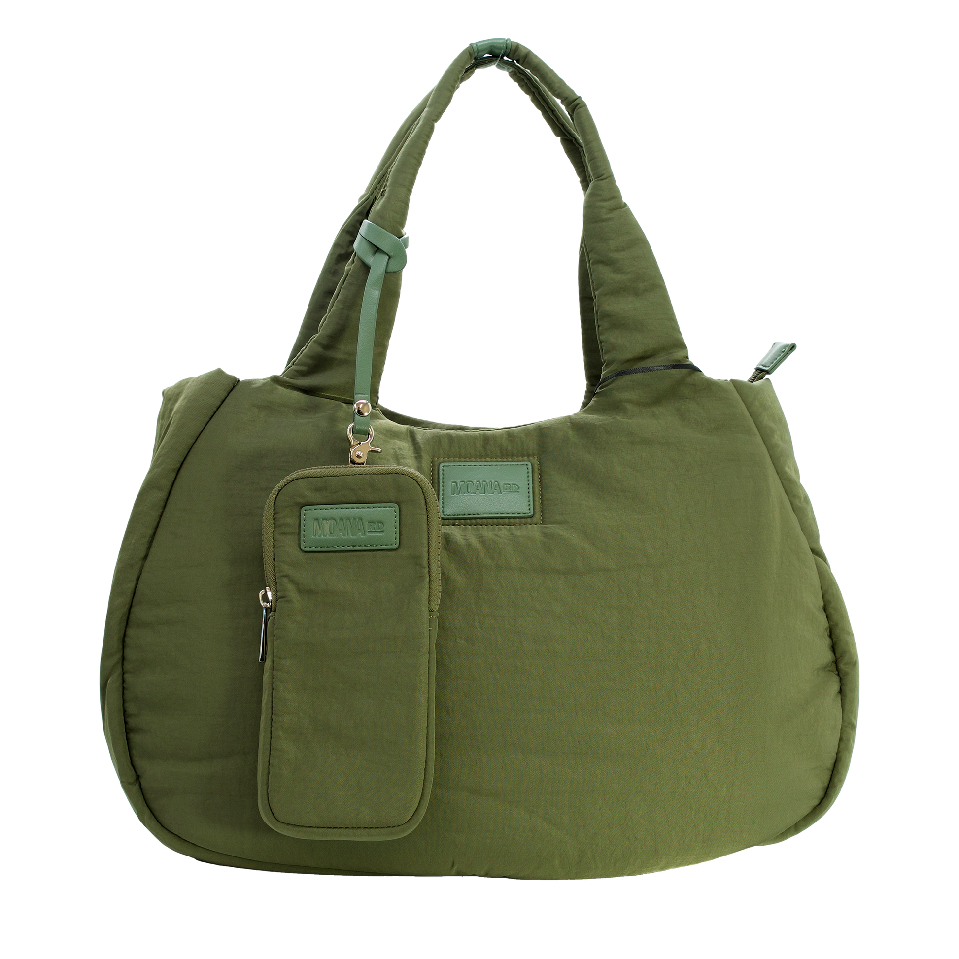 Green handbag with a attached pouch on a white background
