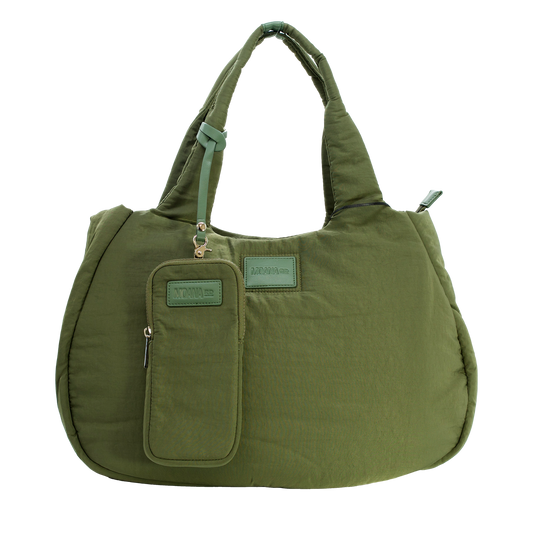 Green handbag with a attached pouch on a white background