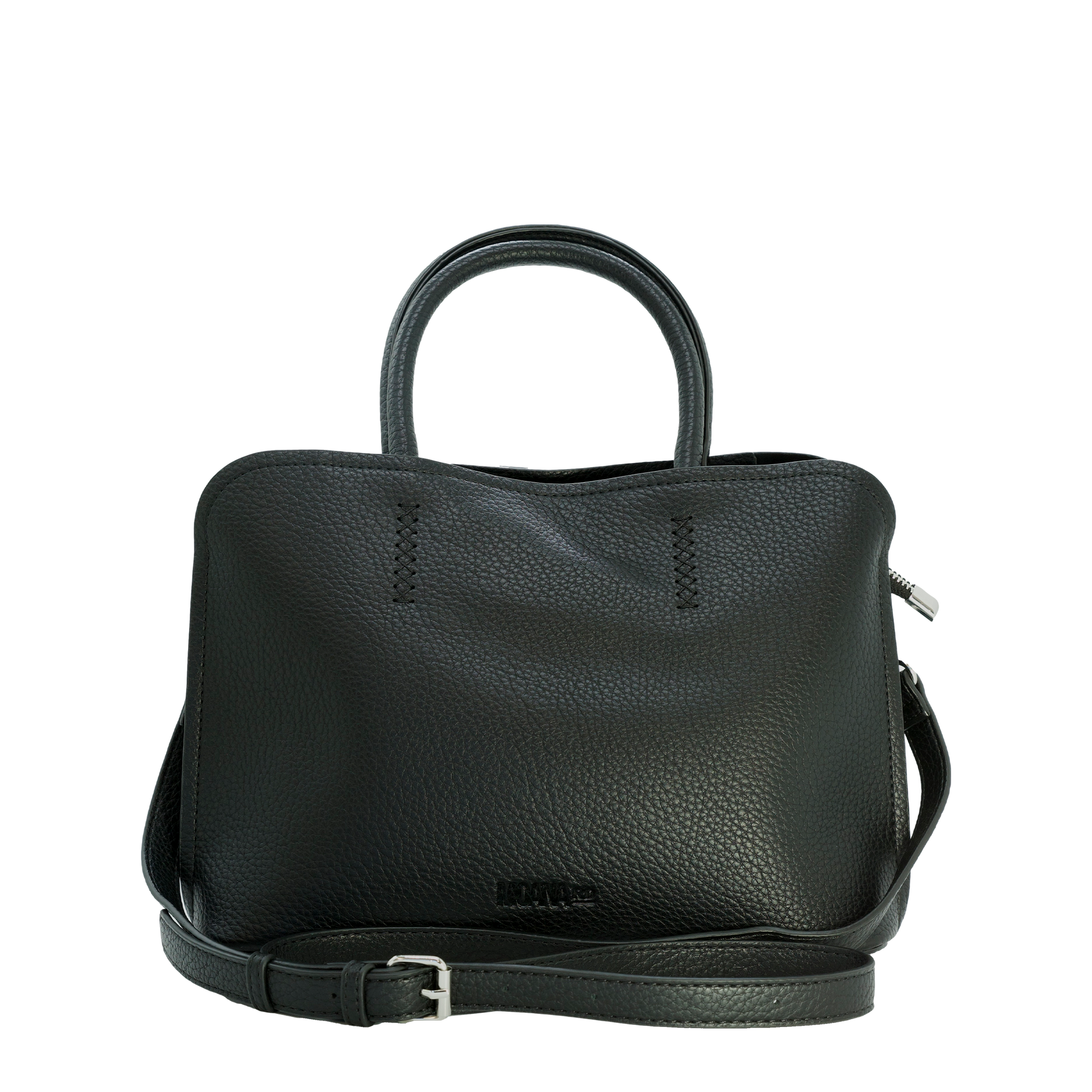 Black vegan leather handbag with a strap on a white background