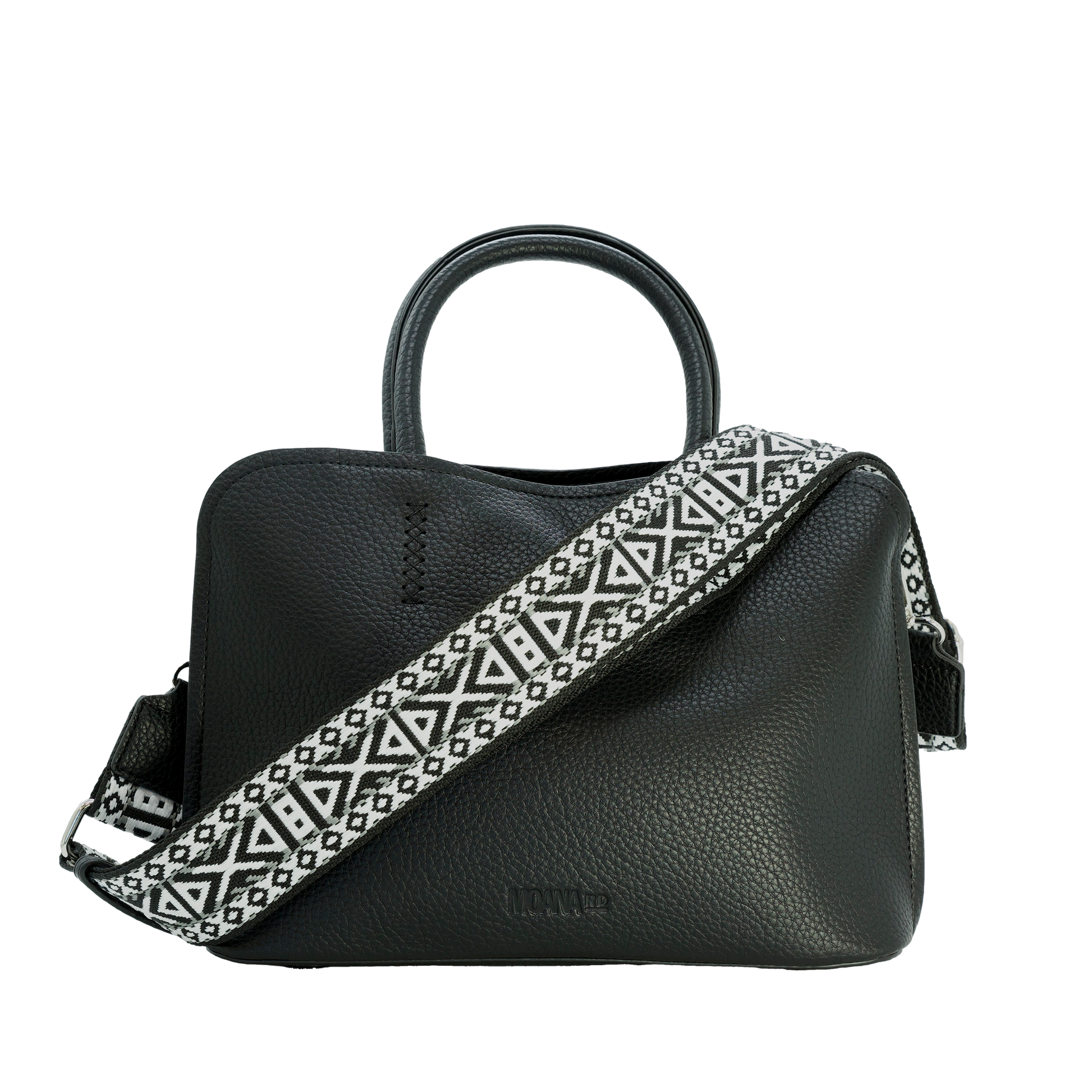 Black handbag with a patterned strap on a white background