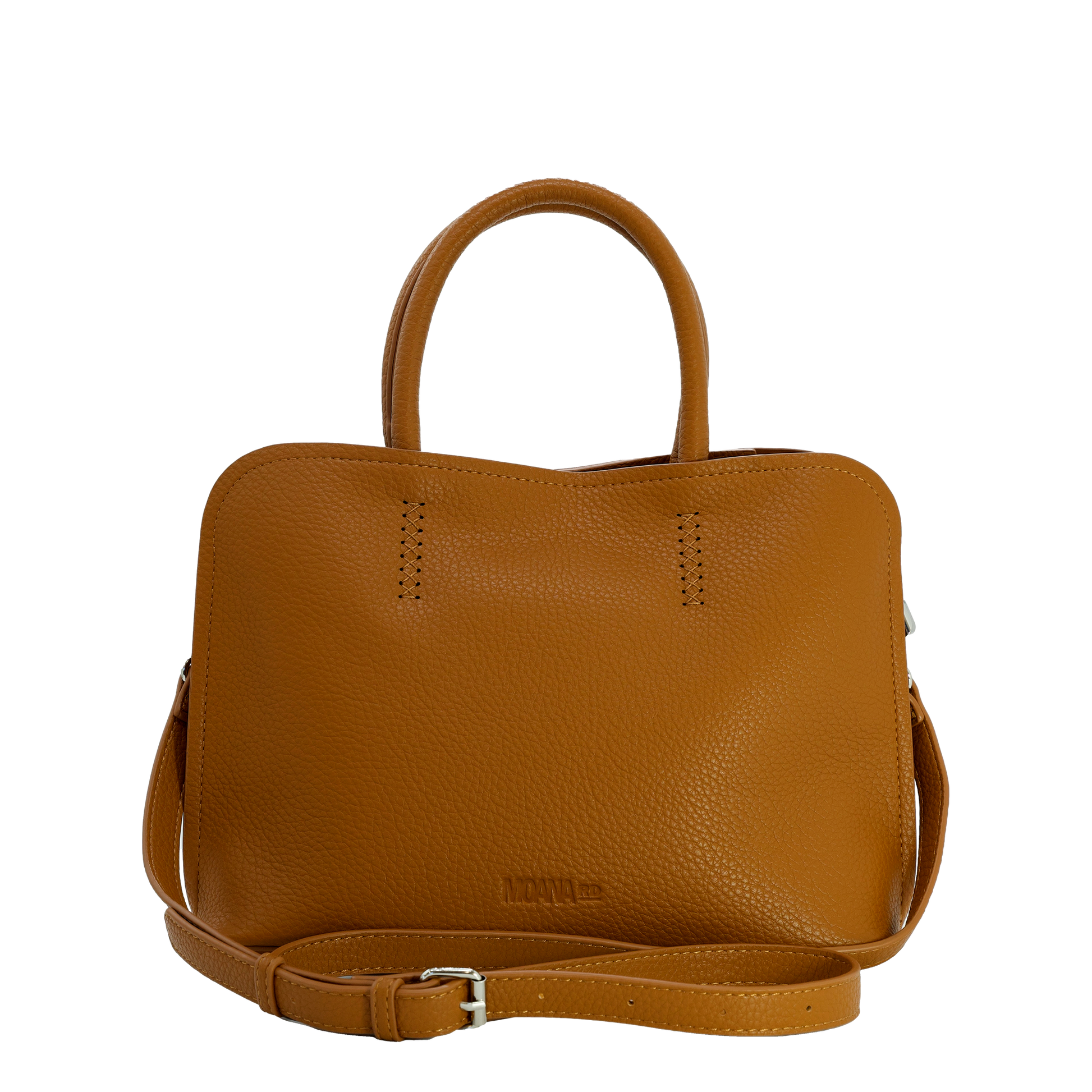 Brown vegan leather handbag with a strap on a white background