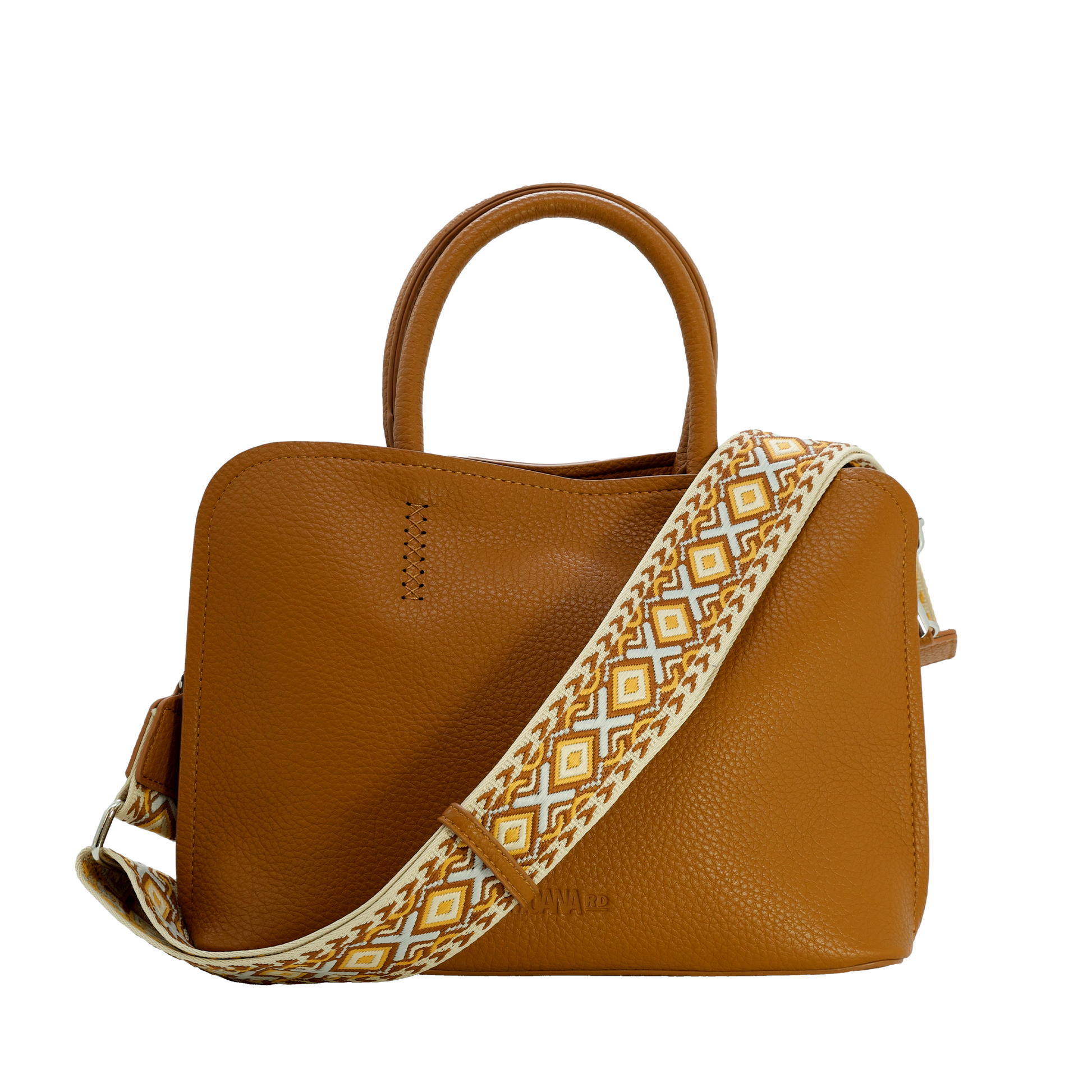 Brown vegan leather handbag with a patterned strap on a white background