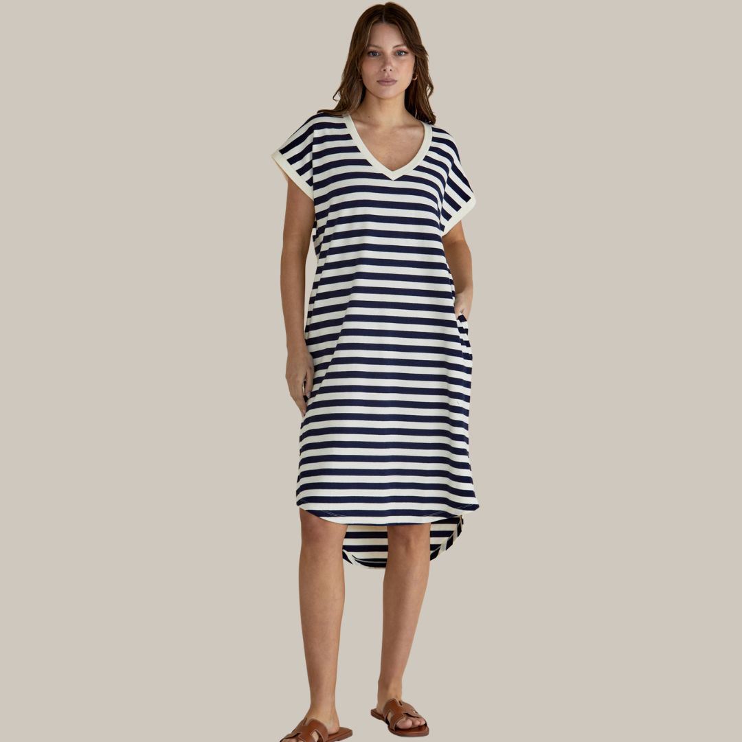 Betty Basics Jolene T-Shirt Dress | Navy/Cream Stripe available at Bear & Moo