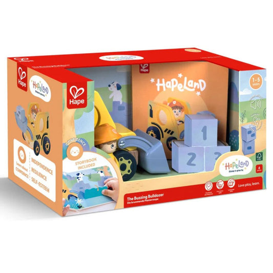 Hape Land | The Buzzing Bulldozer Board Book & Wooden Toys available at Bear & Moo