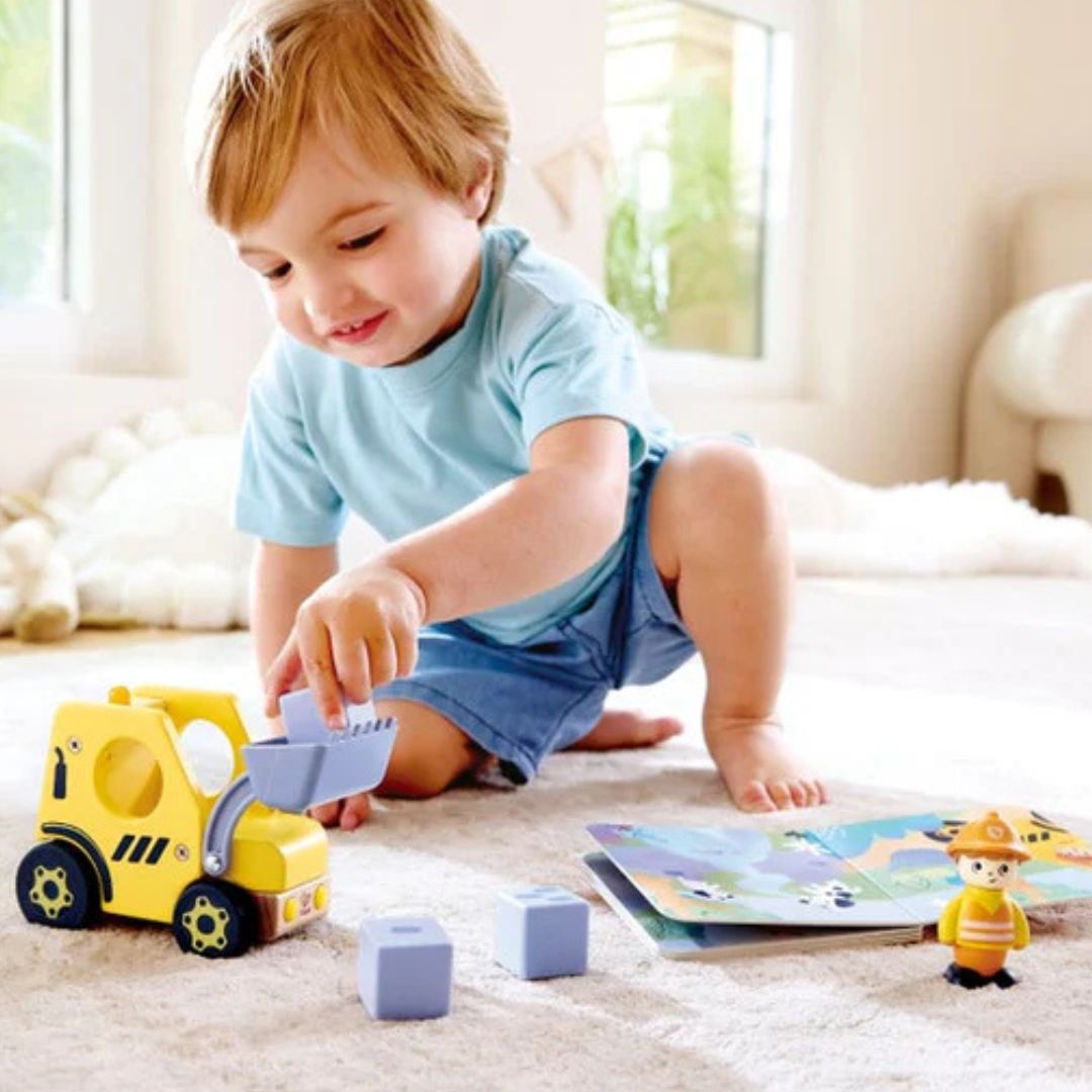 Hape Land | The Buzzing Bulldozer Board Book & Wooden Toys available at Bear & Moo