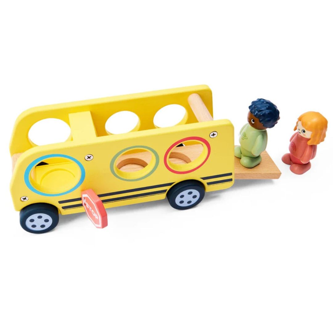 Hape Land | Lively School Bus board book and wooden bus toy available at Bear & Moo