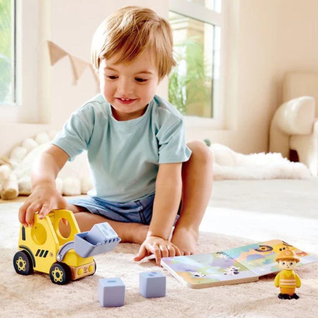 Hape Land | The Buzzing Bulldozer Board Book & Wooden Toys available at Bear & Moo