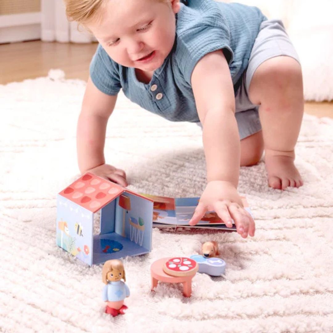 Hape Land | The Tiny House Board Book & Wooden Toy Set available at Bear & Moo