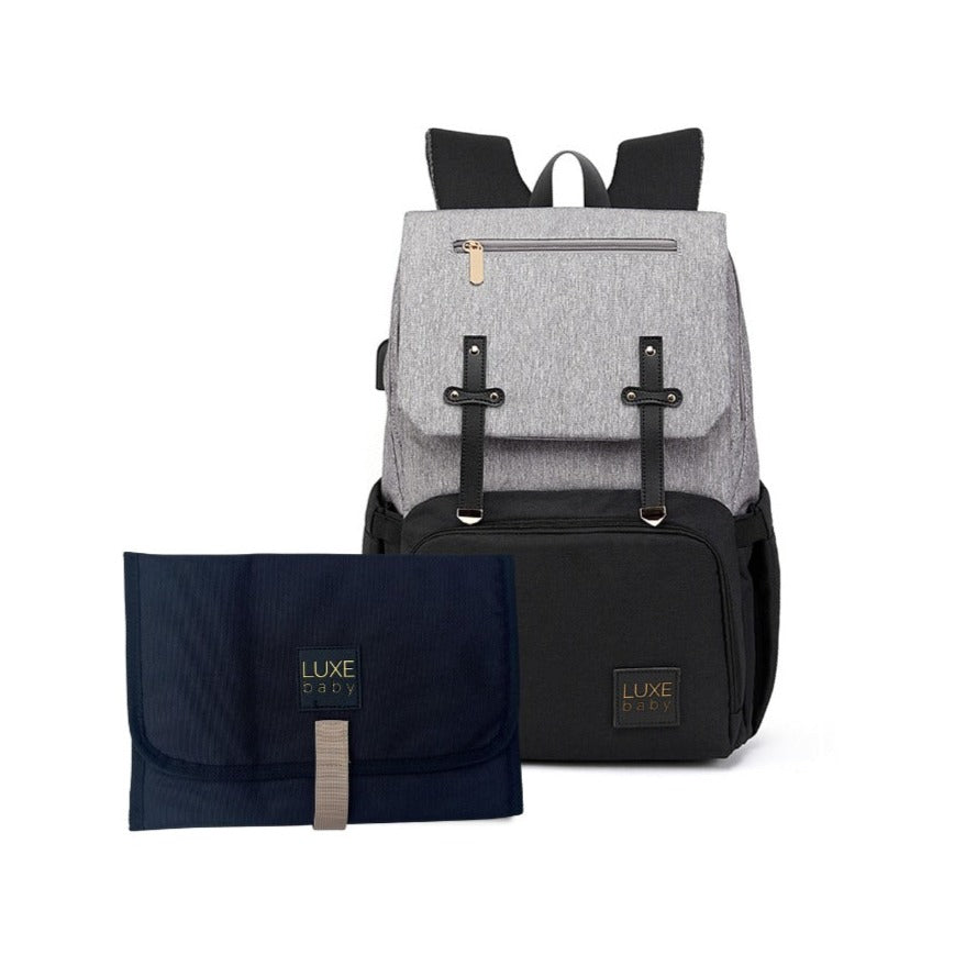 LUXE Baby Nappy Backpack & Change Mat Set | Black/Grey available at Bear & Moo