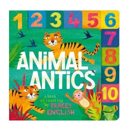 Book cover of 'Animal Antics' with colourful numbers and animal illustrations. Published by Hinkler, available at Bear & Moo